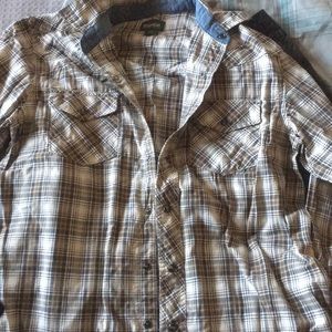 Long sleeve dress shirt plaid. Beige and grey